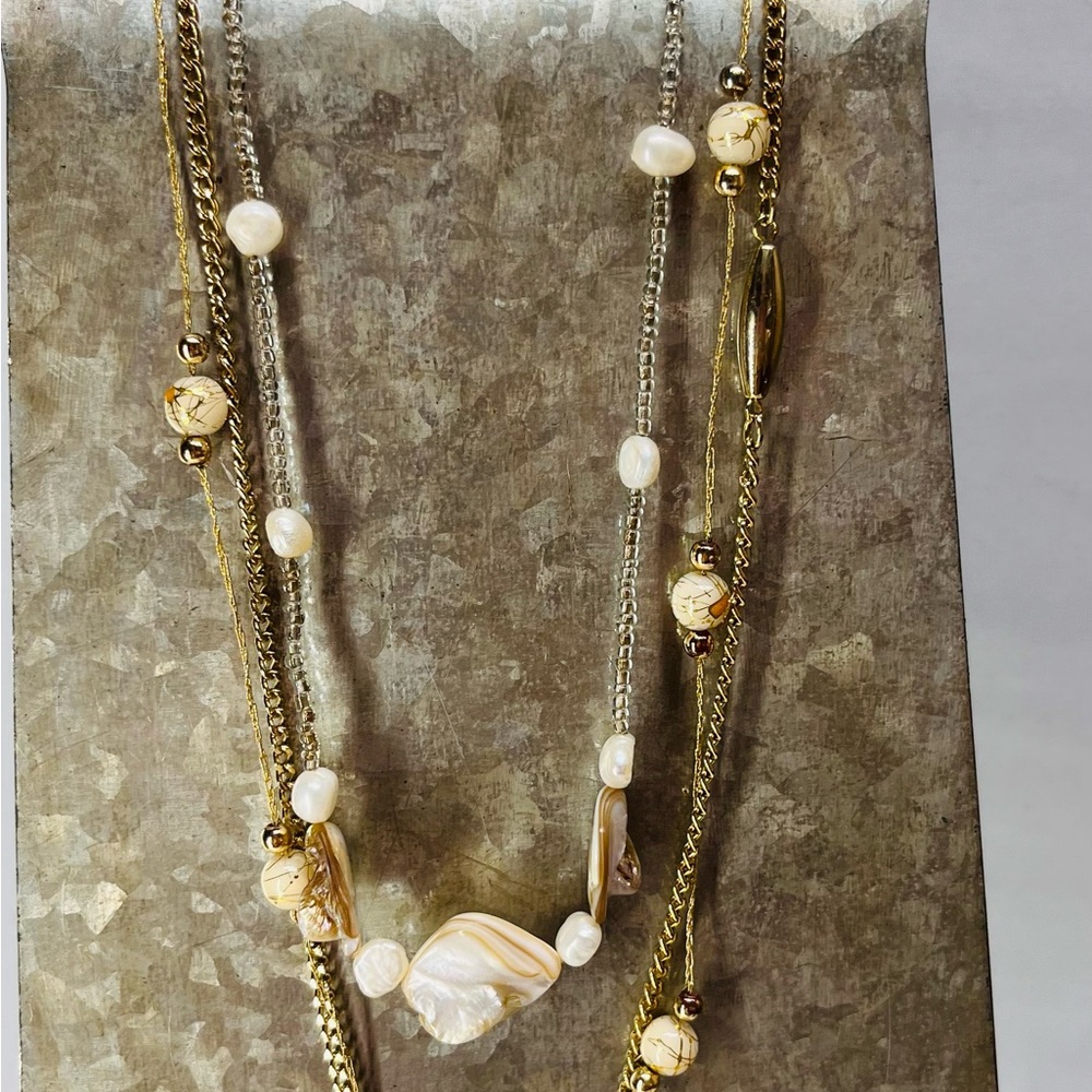 Gold and Cream Multi-Strand Pearl Accent Necklace